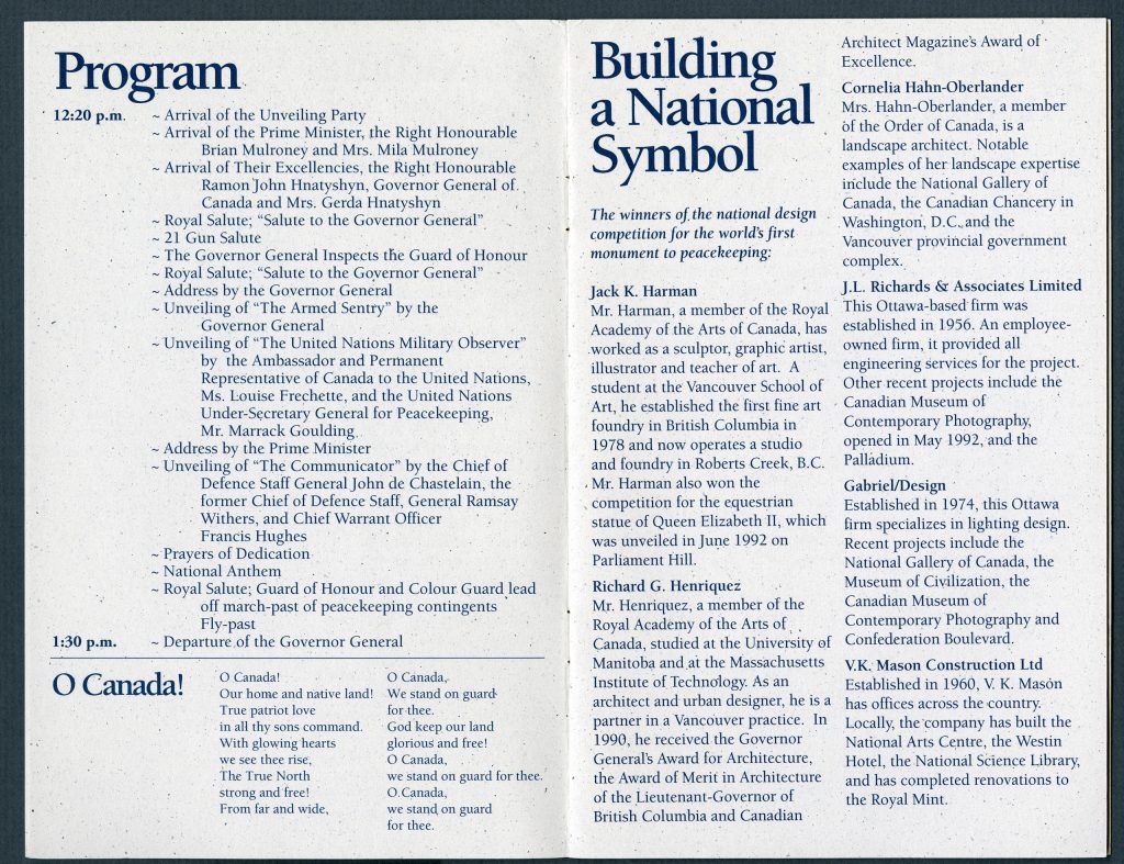 A page from the program for the dedication of the Peacekeeping Monument.