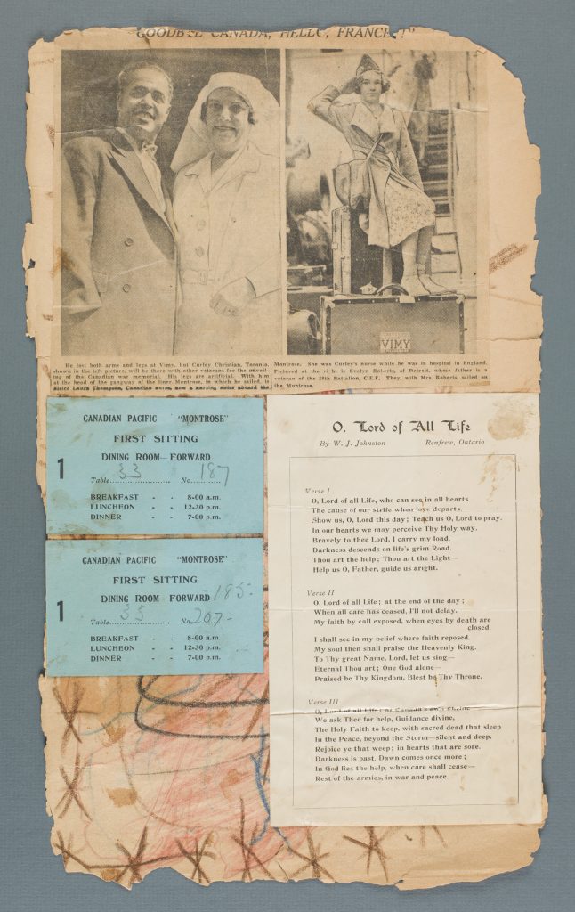 A frayed page from a scrapbook, showing a photograph of Ethelbert Christian, a newspaper clipping, blue ticket stubs, and song lyrics.