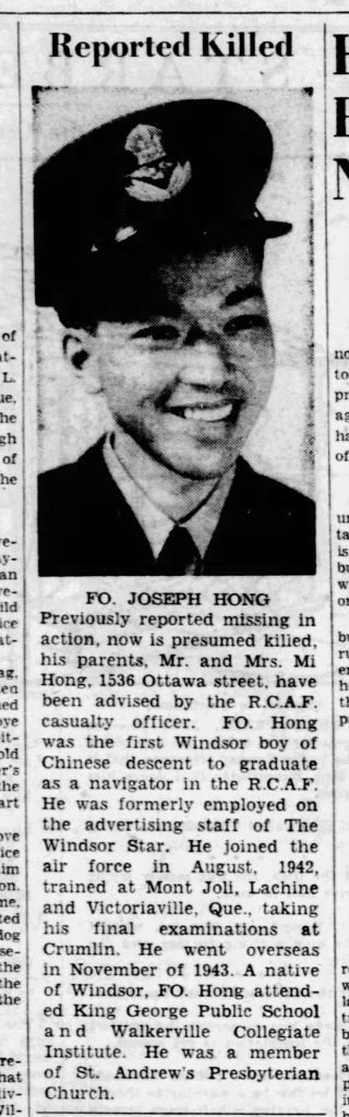 A short black-and-white newspaper clipping showing a portrait of Joseph Hong in uniform.