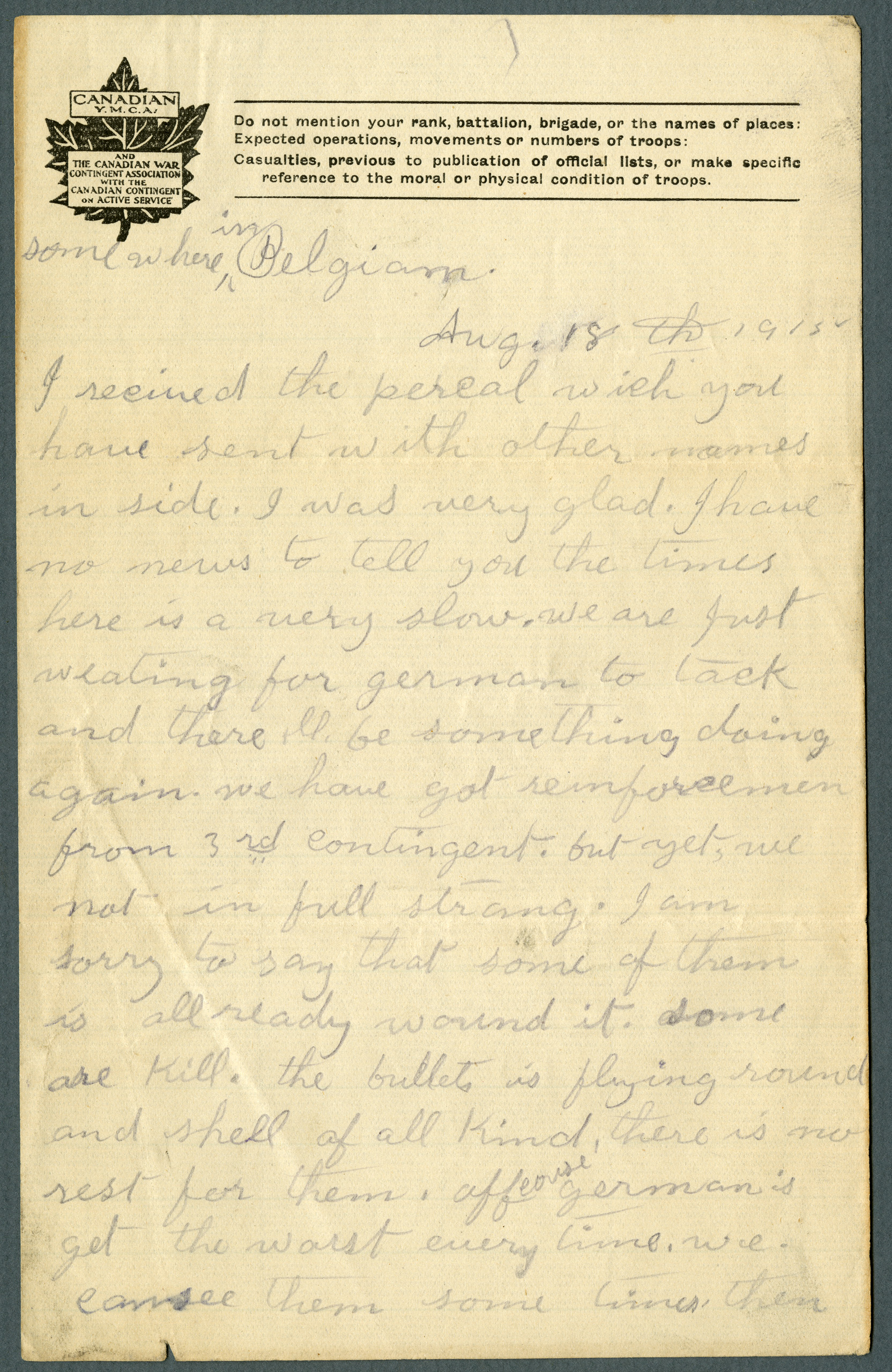 Letter 18 August 1915 Learn Canadian War Museum