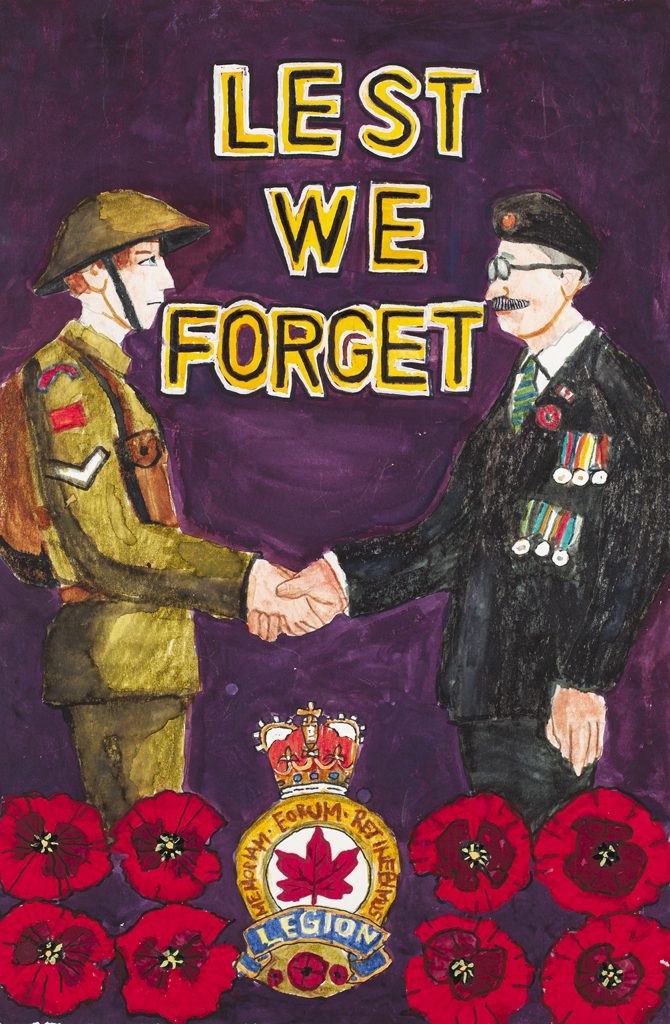 A young man in a uniform shakes hands with an old man wearing a Legion uniform, standing above poppies and the official badge of the Royal Canadian Legion. The poster reads “Lest We Forget”