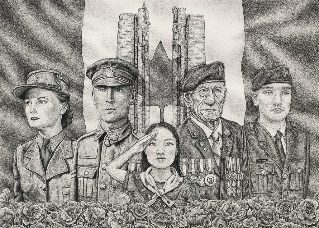 Five people stand in a row: a young woman in a Second World War uniform, a young man in a First World War uniform, a girl in a Girl Guide uniform, an old man in a Legion uniform and a young man in a contemporary uniform. Behind them are a Canadian flag and the Vimy Memorial. In front of them is a field of poppies.
