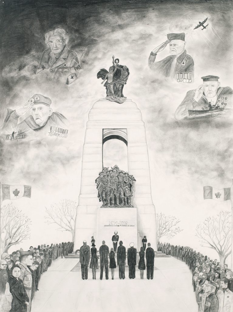 A crowd of people stand solemnly at the National War Memorial. In the sky above them are the faces of four elderly people in uniform, three men and a woman.