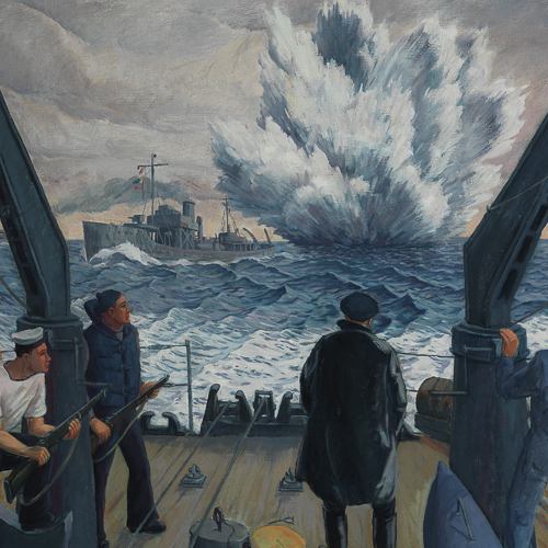 A painting of men on a boat displayed at the Canadian War Museum in Ottawa.