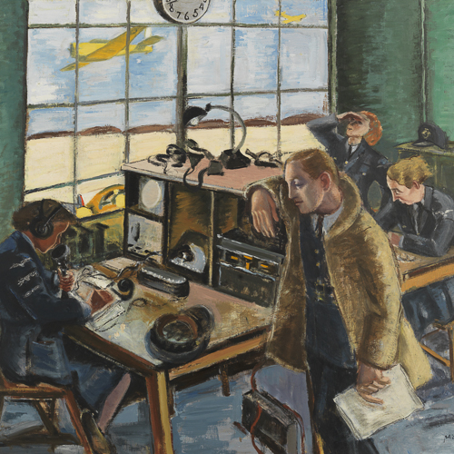 A painting of a group of people at a desk at the Canadian War Museum in Ottawa.