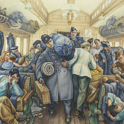 A painting of men on a train at the Canadian War Museum in Ottawa.