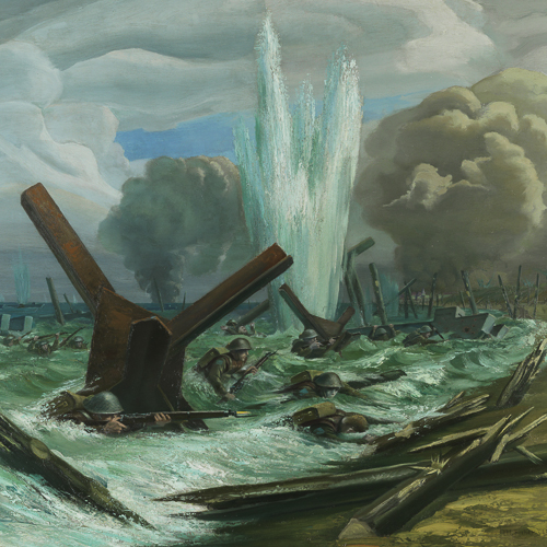 A painting of a ship in the water, displayed at the Canadian War Museum in Ottawa.