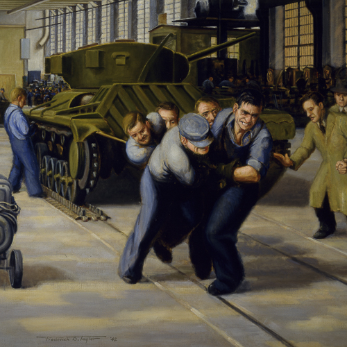 A painting of a group of men at the Canadian War Museum in Ottawa.