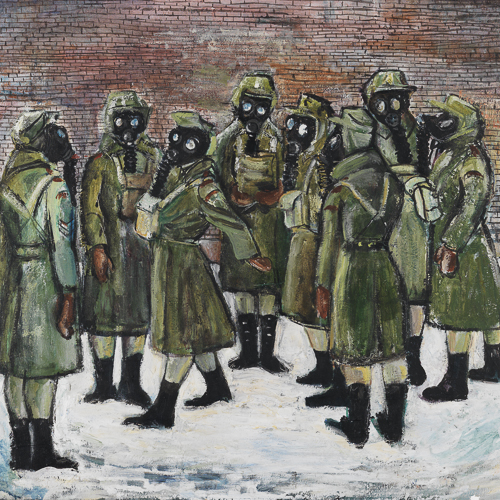 A painting of a group of soldiers in gas masks exhibited at the Canadian War Museum in Ottawa.