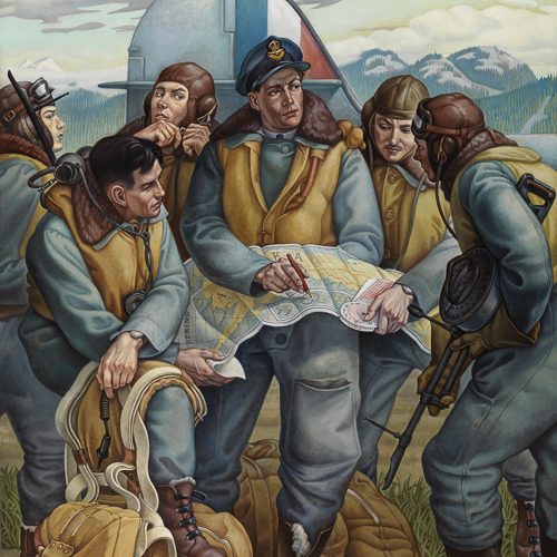 A painting of a group of men looking at a map in Ottawa's Canadian War Museum.