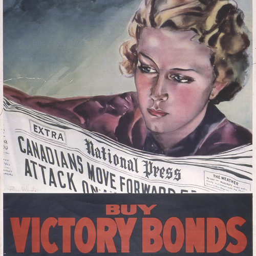 A poster for buy victory bonds with a woman reading a newspaper at the Canadian War Museum in Ottawa.