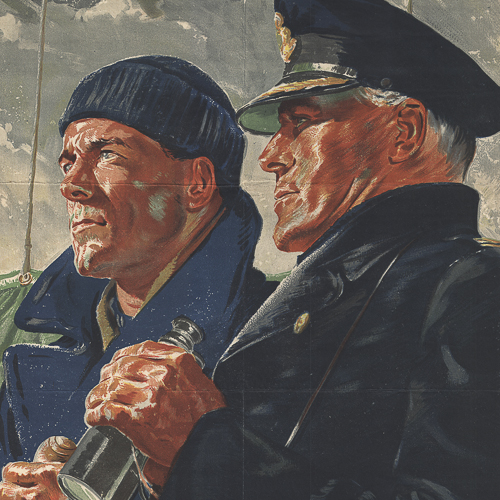 A painting of two men standing next to a plane at the Canadian War Museum in Ottawa.