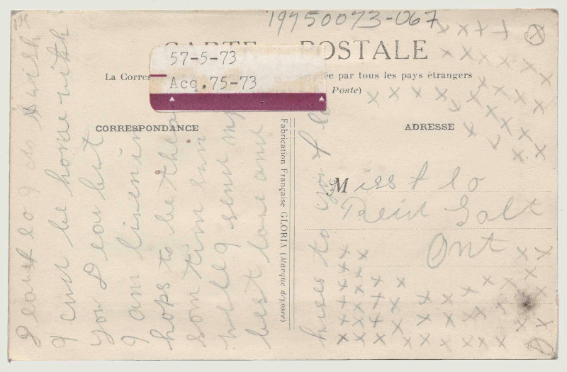The back of a post card with “Carte Postale” imprinted at the top, filled with a handwritten message and many Xs.