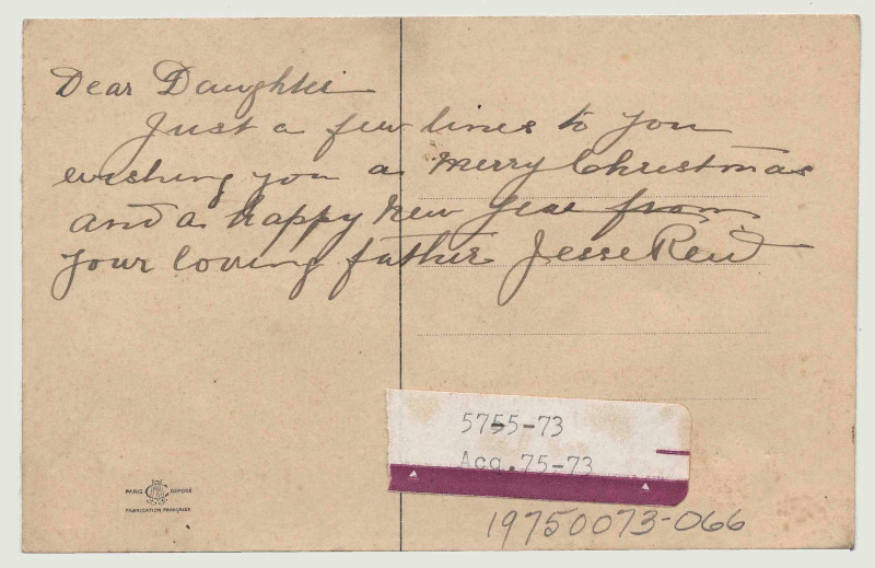 The back of a postcard with handwriting reading "Dear Daughter, just a few lines to you wishing you a Merry Christmas and a happy new year from your loving father."
