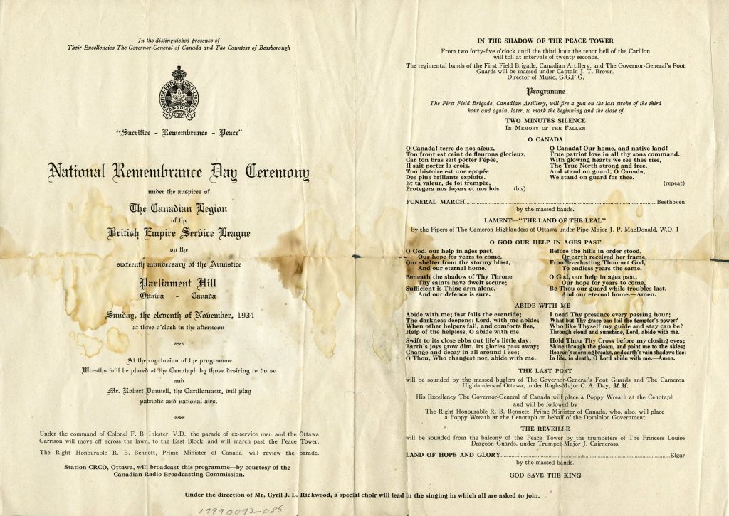 The National Remembrance Day Programme, 1934.