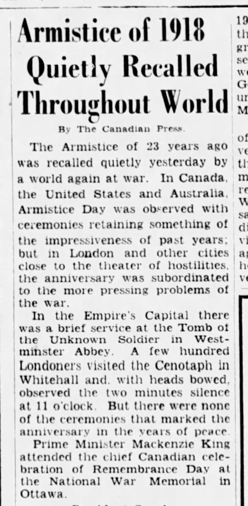 A black and white newspaper with an article about the amistad of 1918 in Ottawa at the Canadian War Museum.