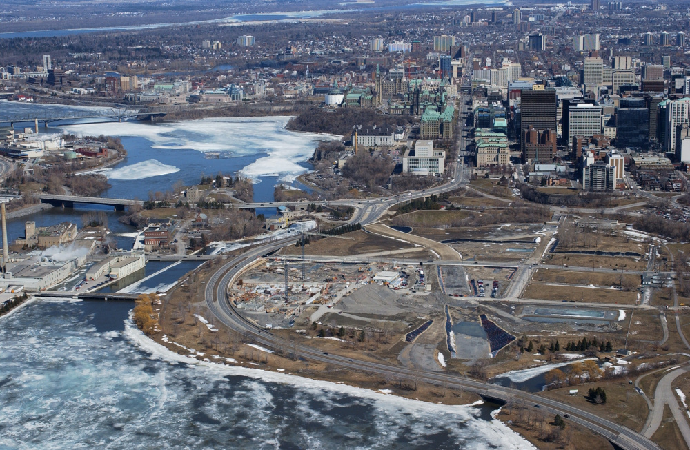 Aerial view of the location of the Canadian War Museum on LeBreton Flats in Ottawa.