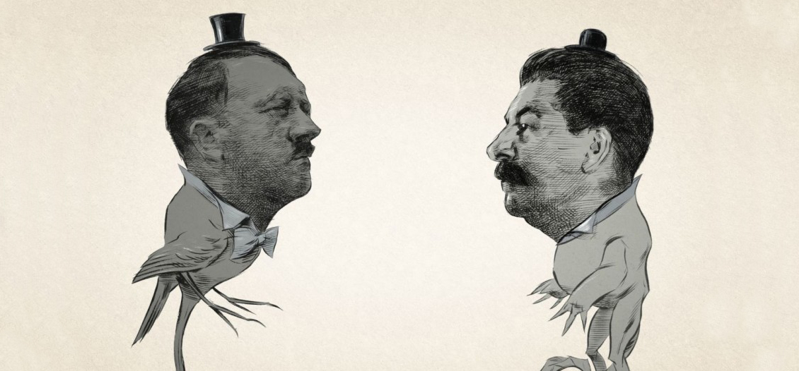 Faces of two men on cartoon bodies