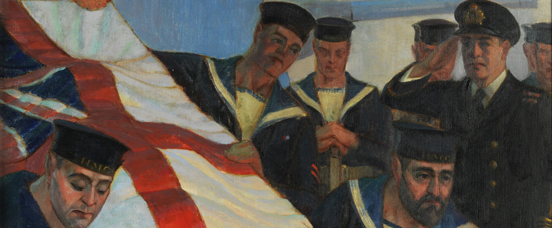 Painting of sailors tipping a casket over the edge of a ship. The casket is draped with the British Royal Navy Flag. An officer stands to the side saluting, and sailors stand in the background.