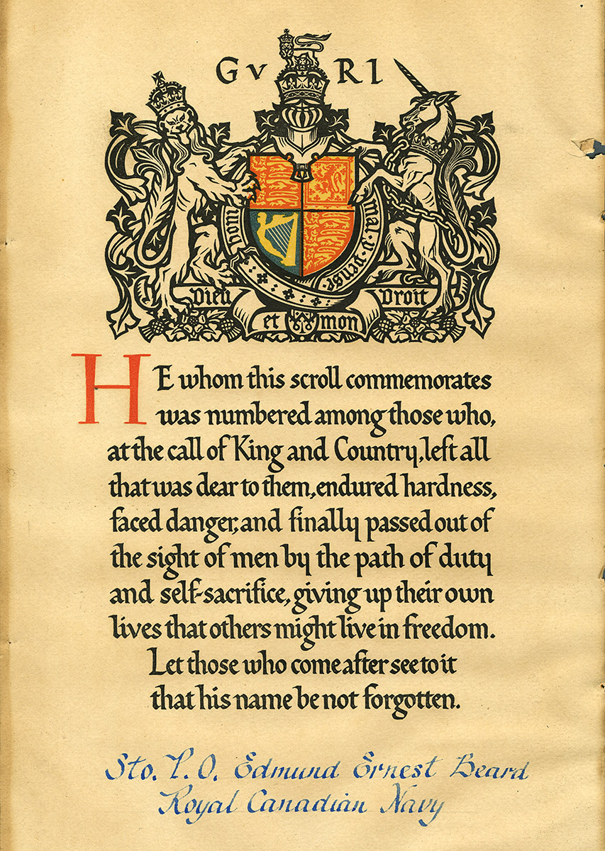 Document with coat of arms, ornate writing, and soldier’s name.