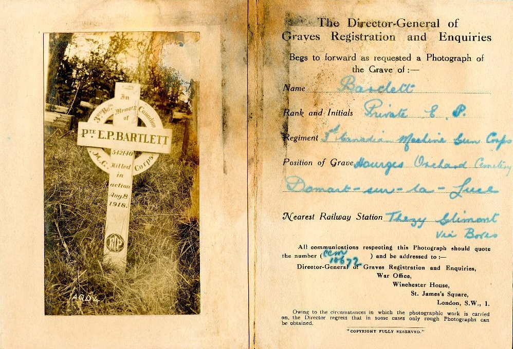 Card with an image of a grave marker on the left and details of the deceased on the right.