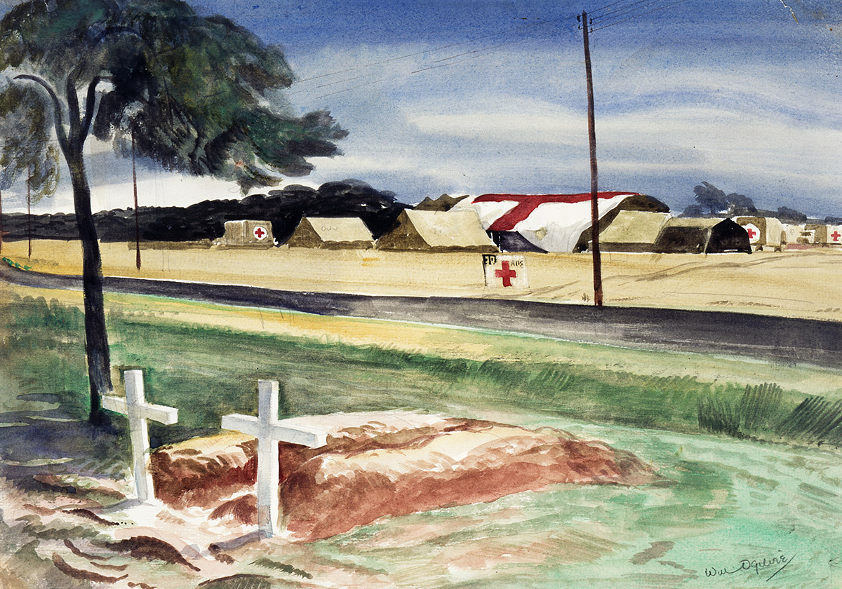 Painting of two graves marked by white wooden crosses, with field hospital in background.
