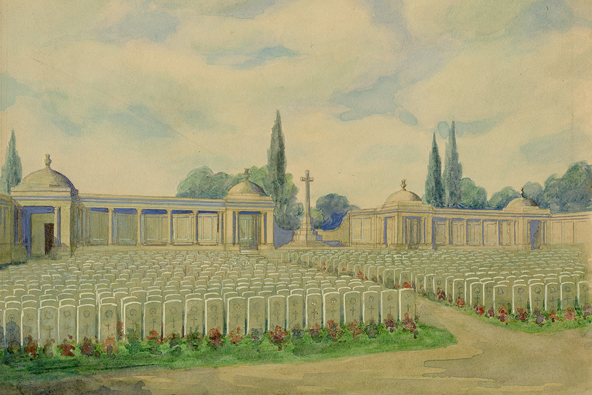Painting of a cemetery with rows of white rectangular tombstones. A monument with a cross stands in the background.