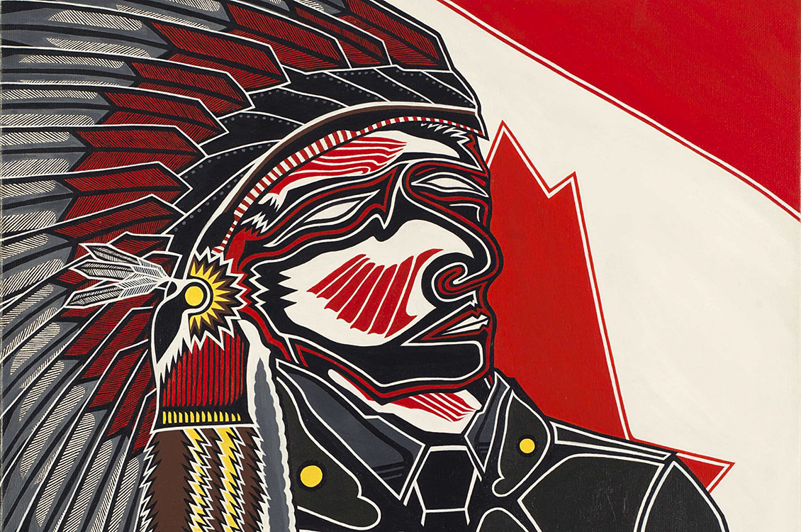 An Indigenous man wearing a traditional war bonnet and military uniform stands in front of a partially obscured Canadian flag
