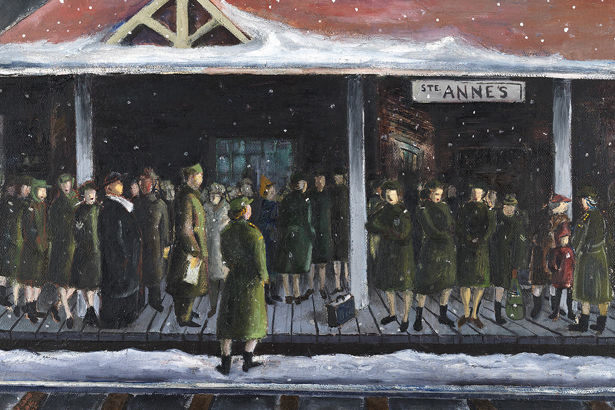 Painting of women in uniform standing on a train platform in winter.