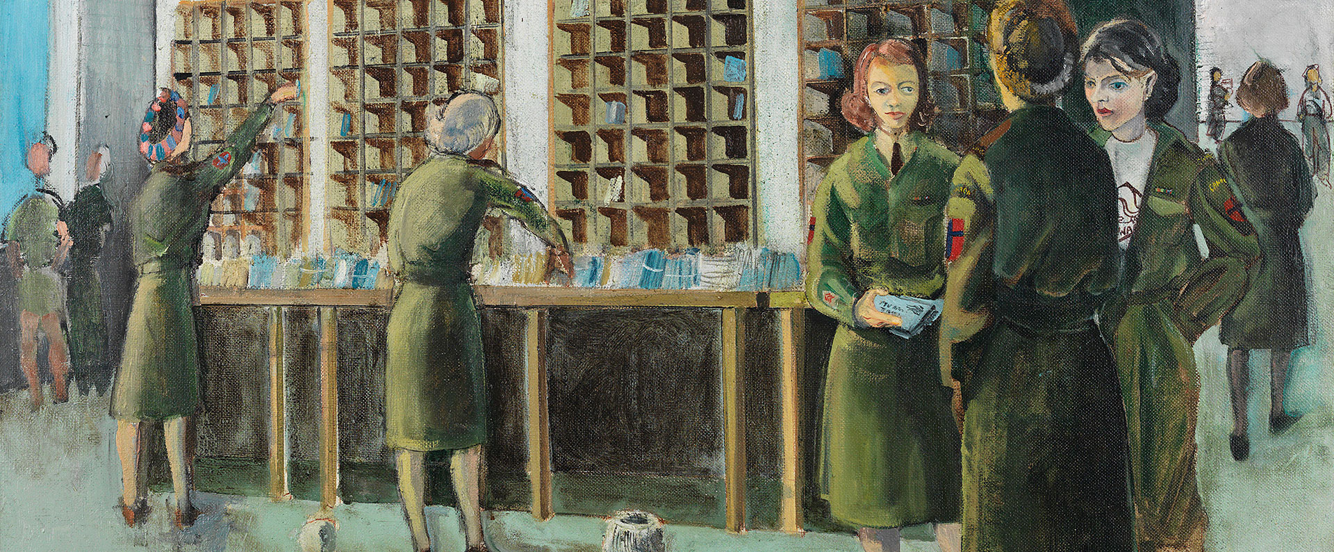 Painting of women in uniform standing in a mail sorting room.