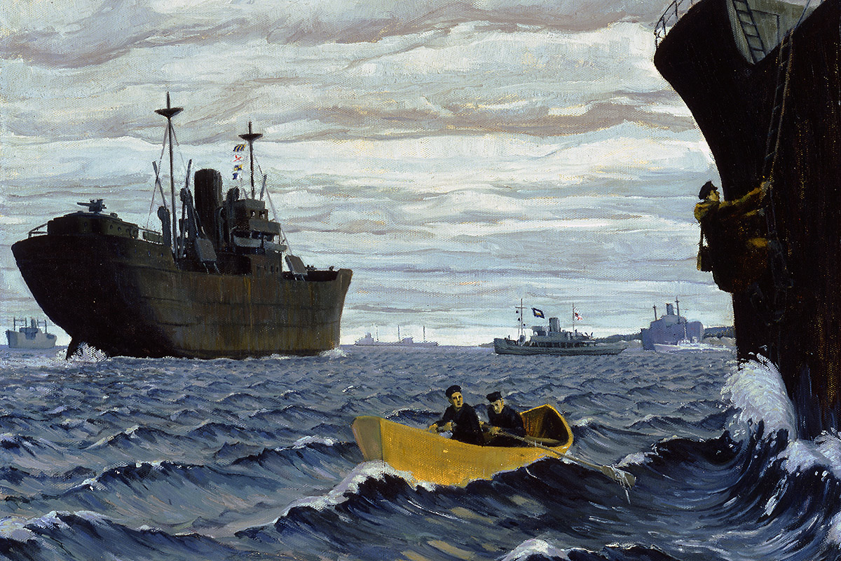 Painting of a dory alongside a larger ship, with a person on a ladder climbing up the side of the ship. More ships can be seen in background.