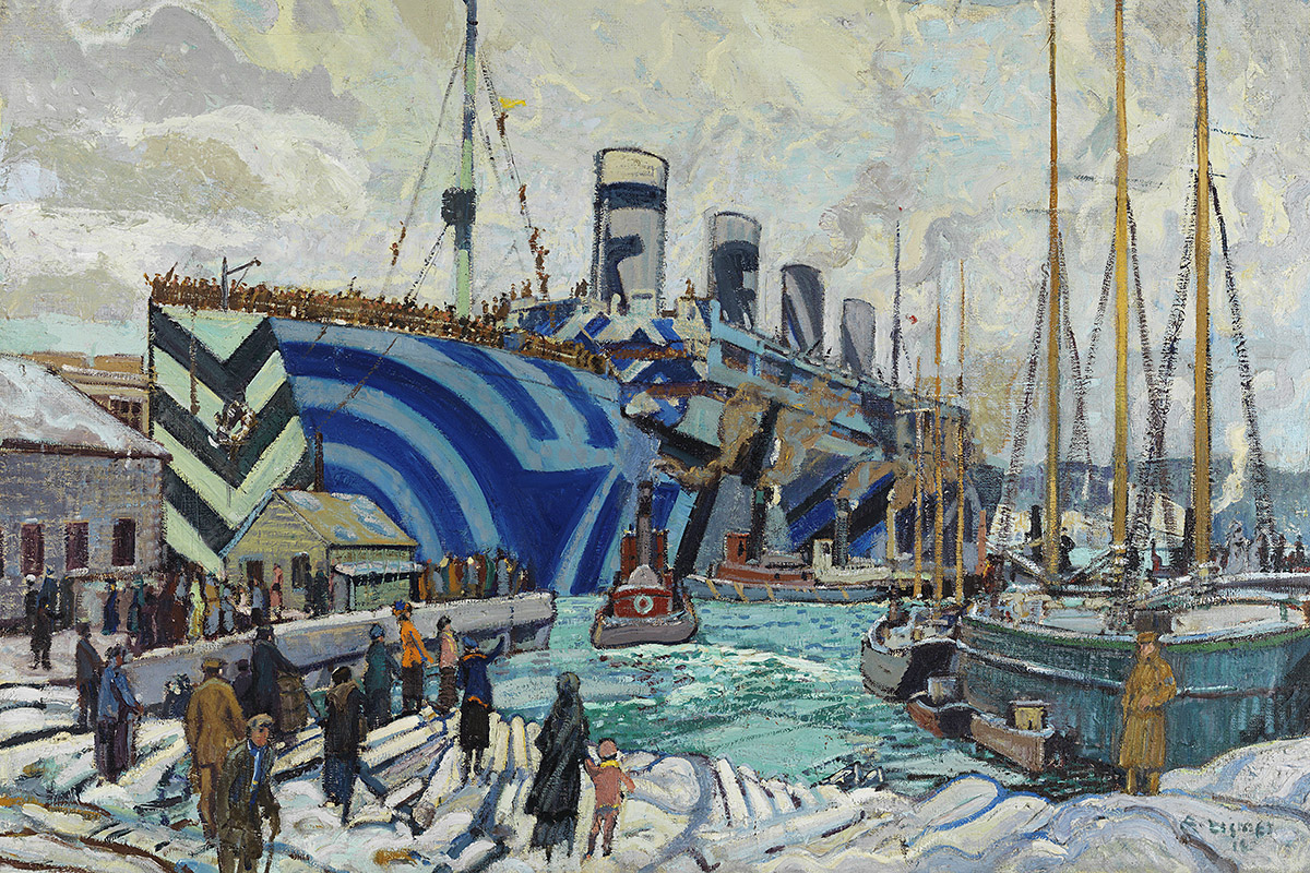 Painting of a large ship in harbour. The ship is painted with contrasting colour lines and shapes, known as dazzle camouflage.