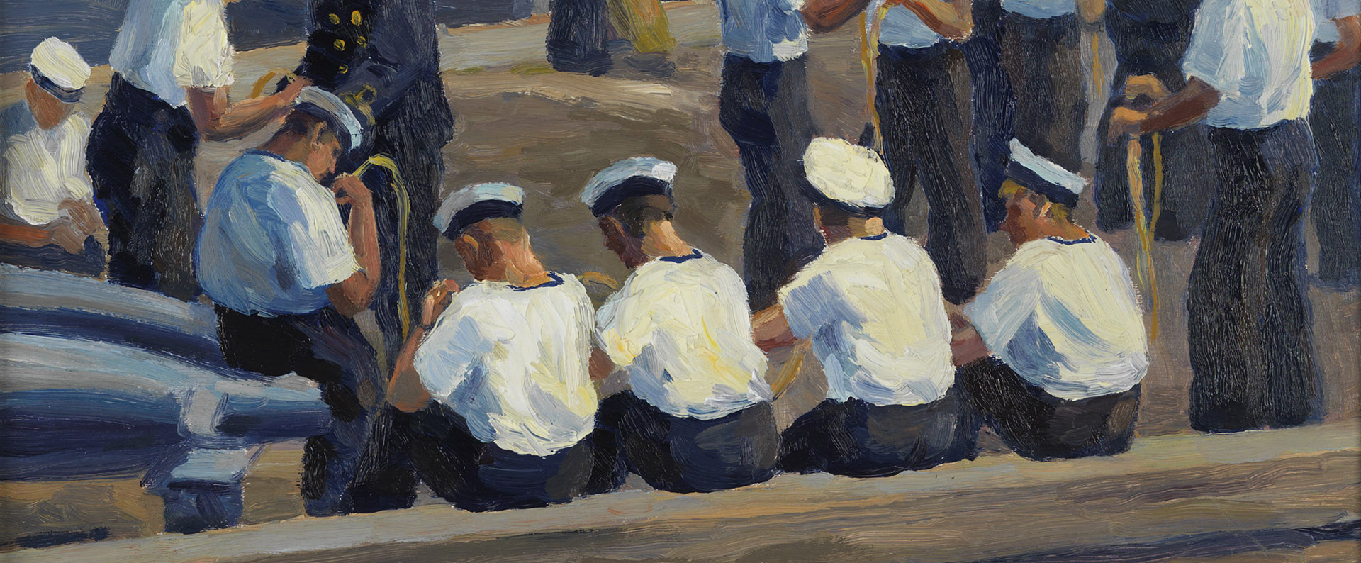 Painting of sailors practising tying knots, with ships and boats in the background.