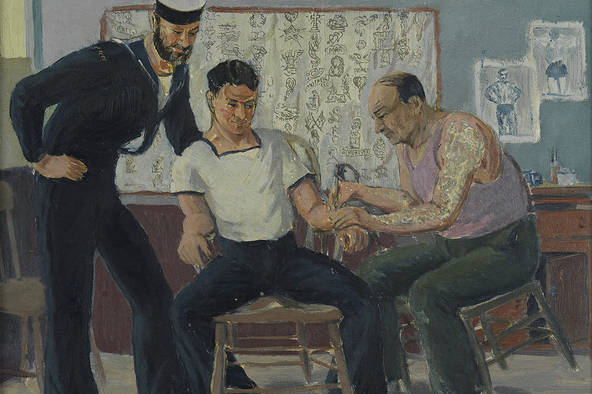 Painting of a sailor sitting in a chair receiving a tattoo. Another sailor stands watching.