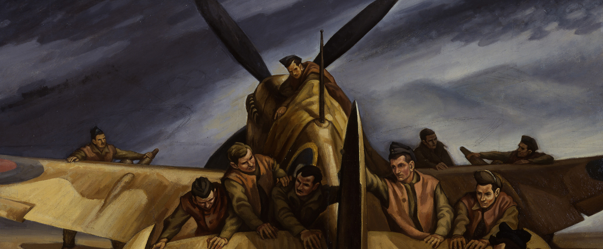 Painting of eleven service personnel holding down a plane. One person is tying the plane down.