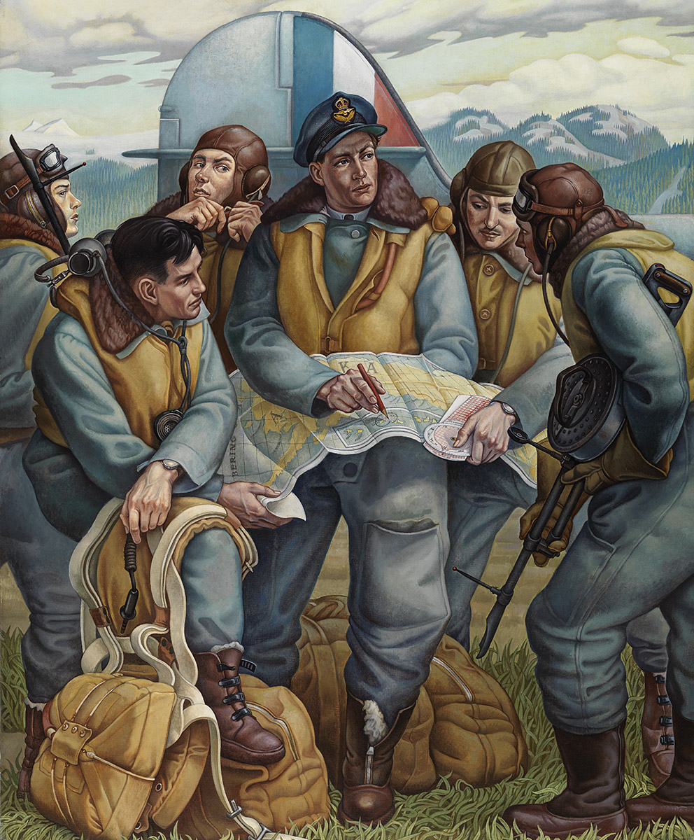 Painting of a six-person flight crew preparing for flight. The pilot is in the centre holding a map with the rest of the crew gathered around.