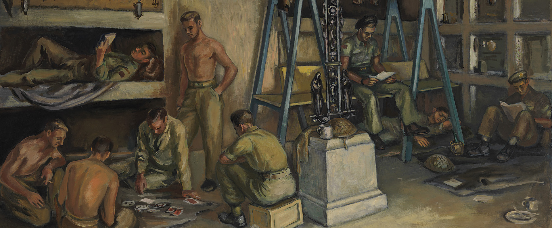 Painting of soldiers relaxing in a cemetery vault, with a cross at the centre. They are sleeping, reading and playing cards.