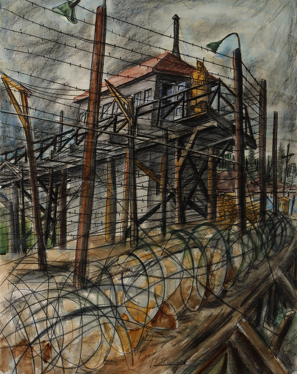 Painting of a barbed wire fence with guard tower in background.