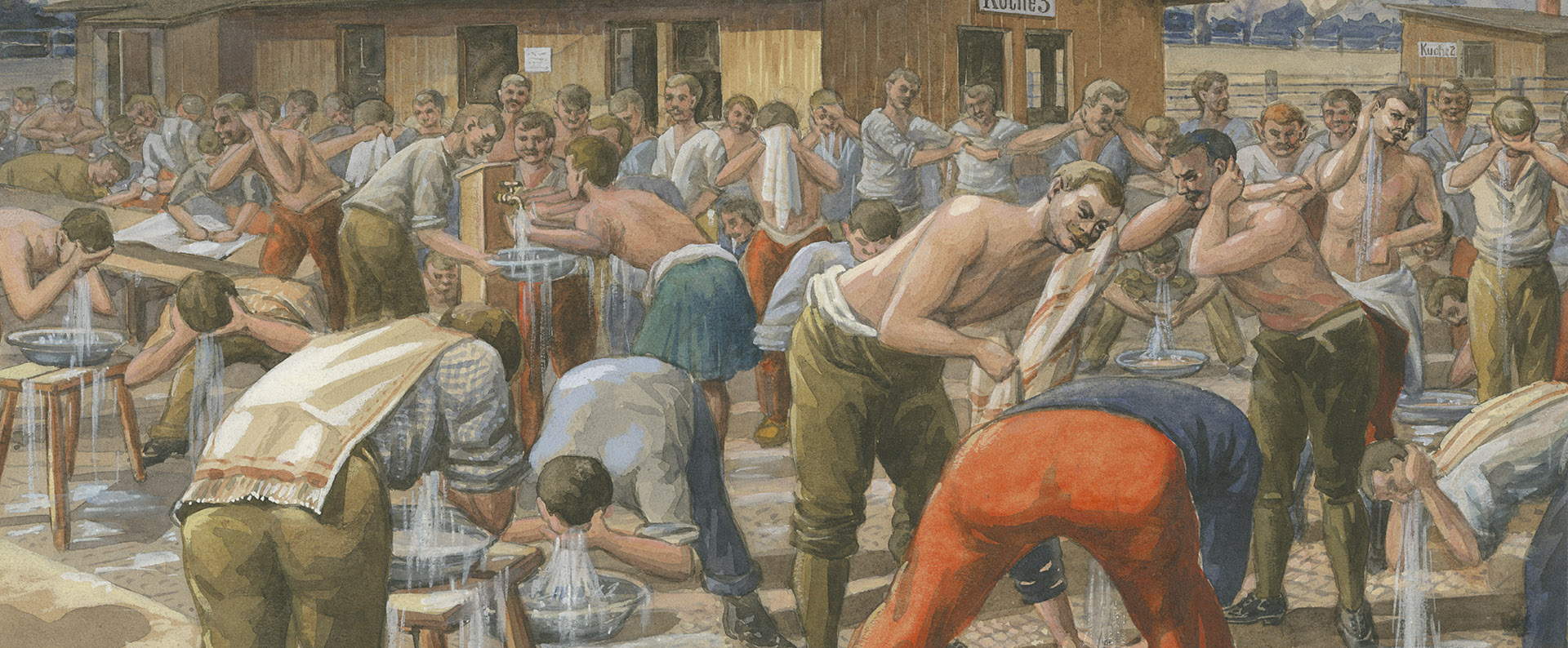 Painting of a crowd of soldiers washing up in front of a hut.