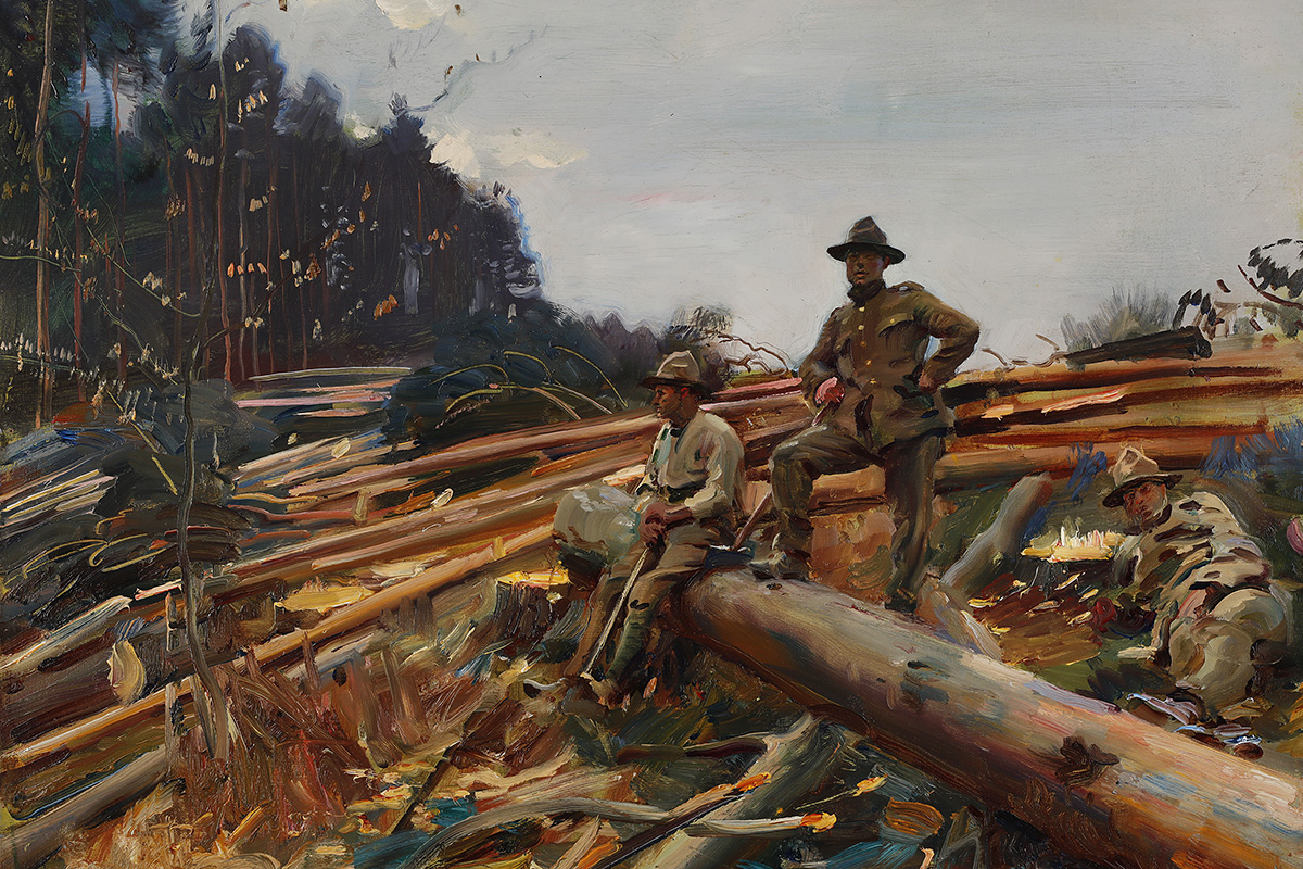 Painting of three lumbermen taking a break amongst felled trees.