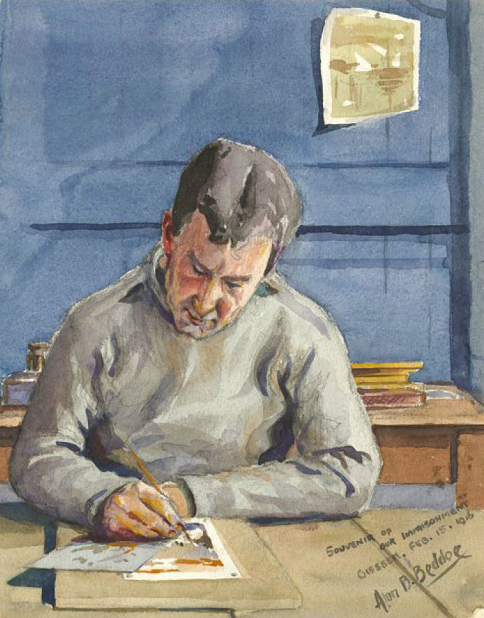 Painting of Arthur Nantel sitting at a desk in the midst of painting.