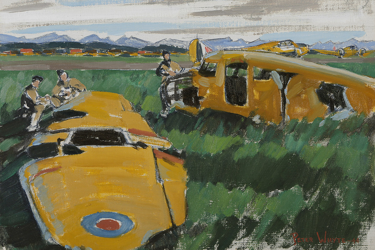 Painting of a destroyed training plane with the wings separated from the fuselage. Three people are inspecting the wreckage.