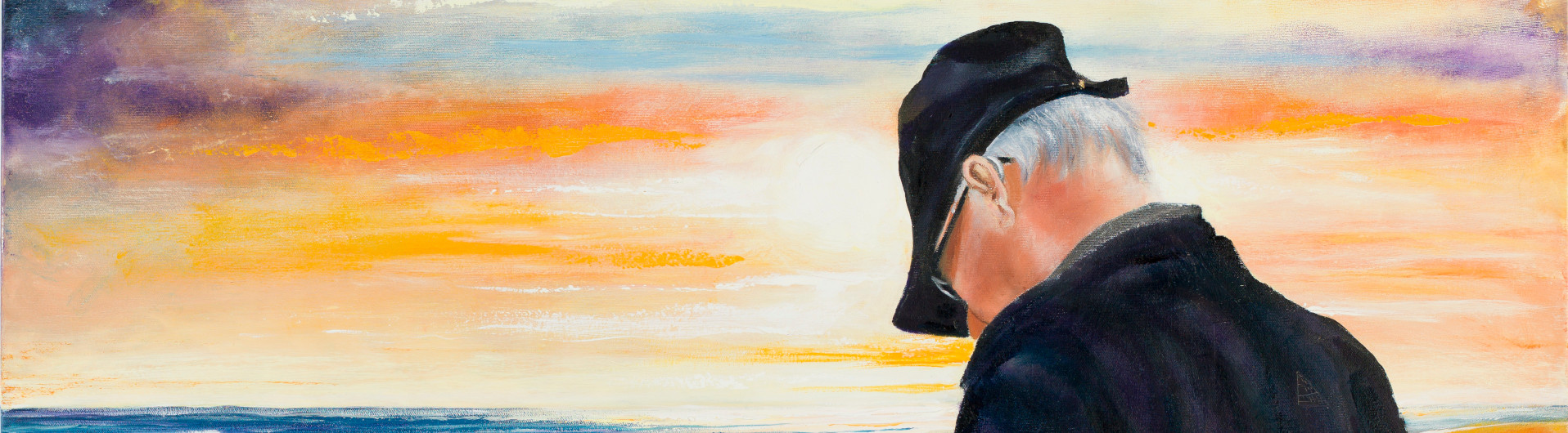 Painting of a grey-haired person wearing a dark jacket and cap, standing on a beach at sunset, looking down at the ground.