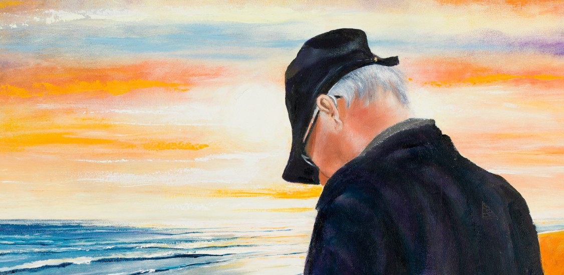 Painting of a grey-haired person wearing a dark jacket and cap, standing on a beach at sunset, looking down at the ground.