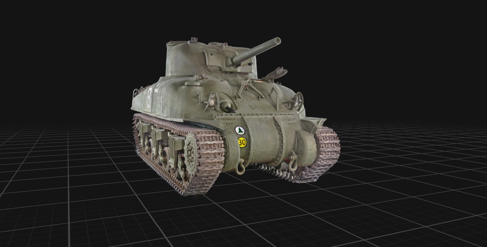 A detailed 3D digital model of a green military tank against a black background, on a grid of white lines extending to the horizon.