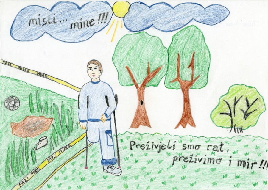 A child’s drawing with bright green landscape, blue clouds, and a yellow sun. A central figure with one leg missing from the knee down stands on crutches next to a barrier of caution tape, on the other side of which are a shoe, a dark stain, and a soccer ball.