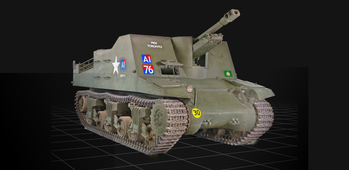 A detailed 3D digital model of a green military tank against a black background, on a grid of white lines extending to the horizon.