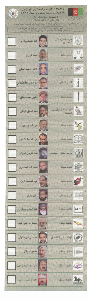 A very long election ballot showing 17 candidates, with their names, photos, and name and logo of the party they represent