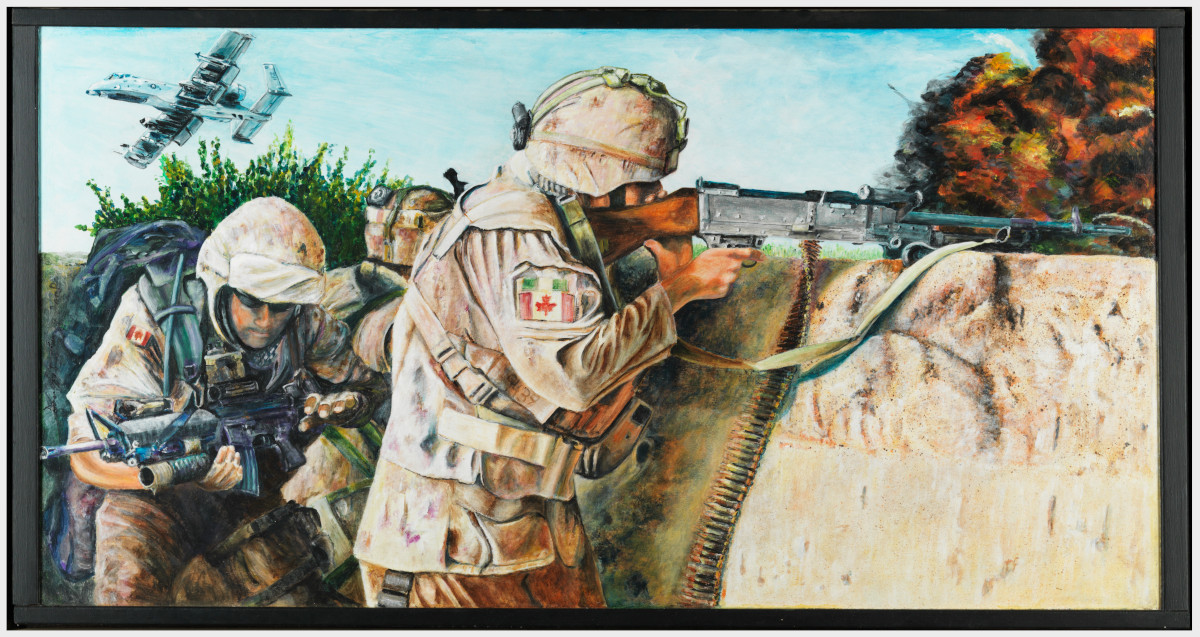 A painting of two soldiers in tan camo, one ducking and the other firing a machine gun over a mud wall, with a distant plane and large clouds of fire and smoke in the background.