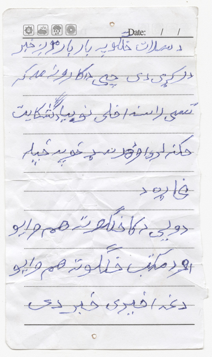A piece of paper torn from a diary and covered with handwriting.